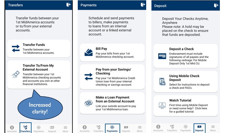 Transfer, Payments and Deposits navigation
